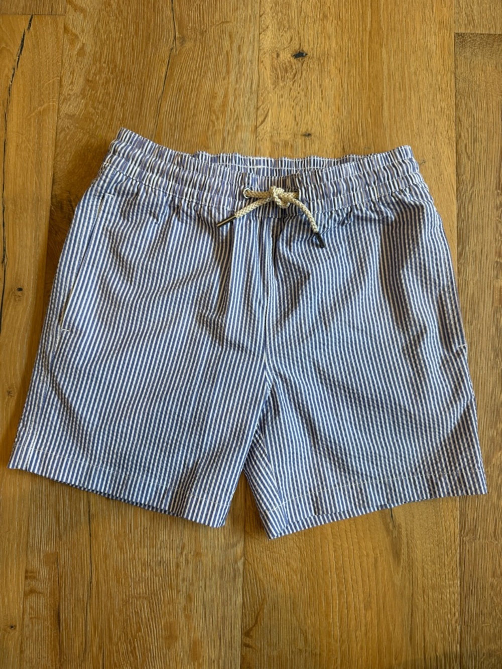Fair Harbor Boys Navy & White Seersucker Swim Trunks